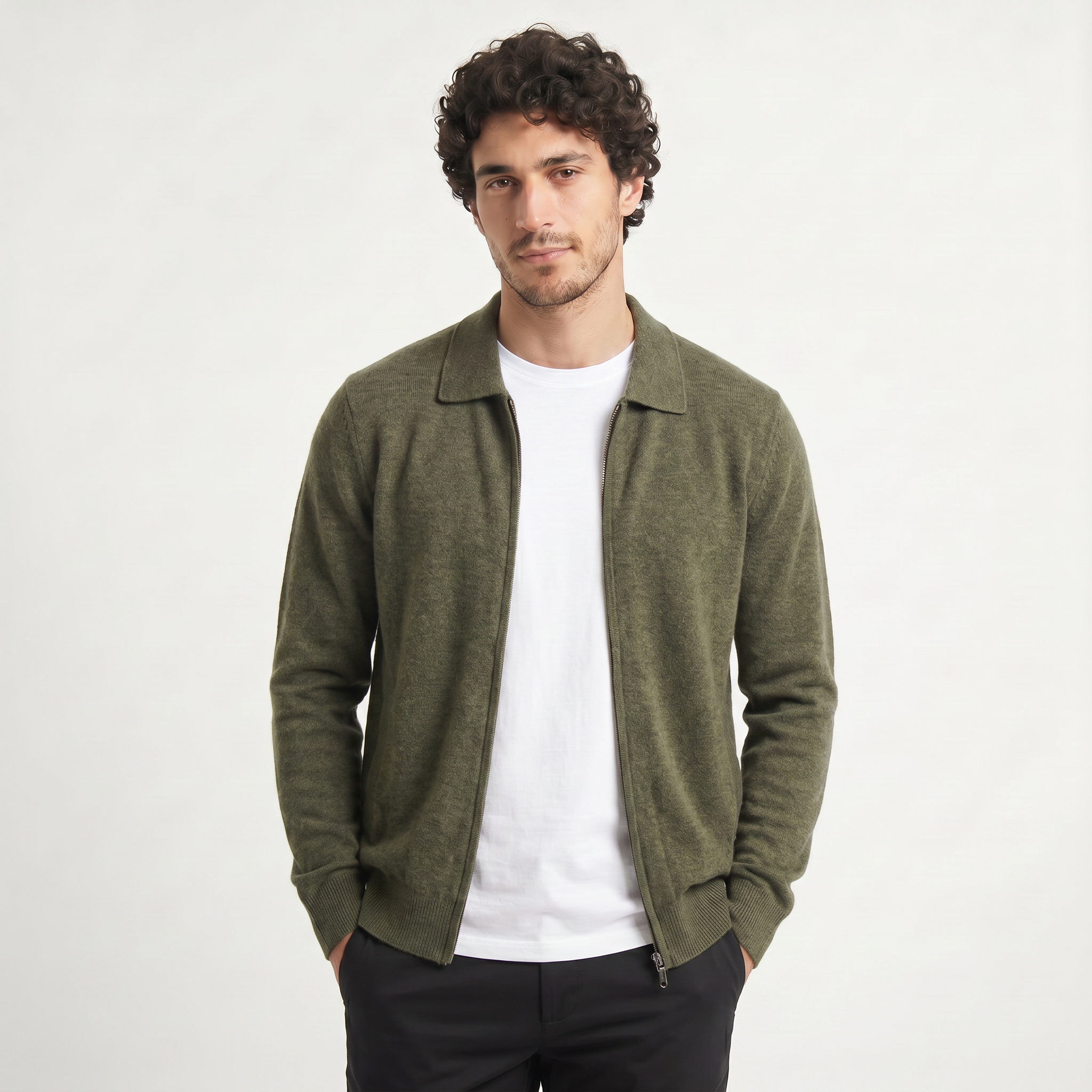 Men's Zip-Up Wool Cardigan – Shirt Collar