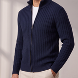 Men's Ribbed Knit Full-Zip Cardigan with Stand Collar