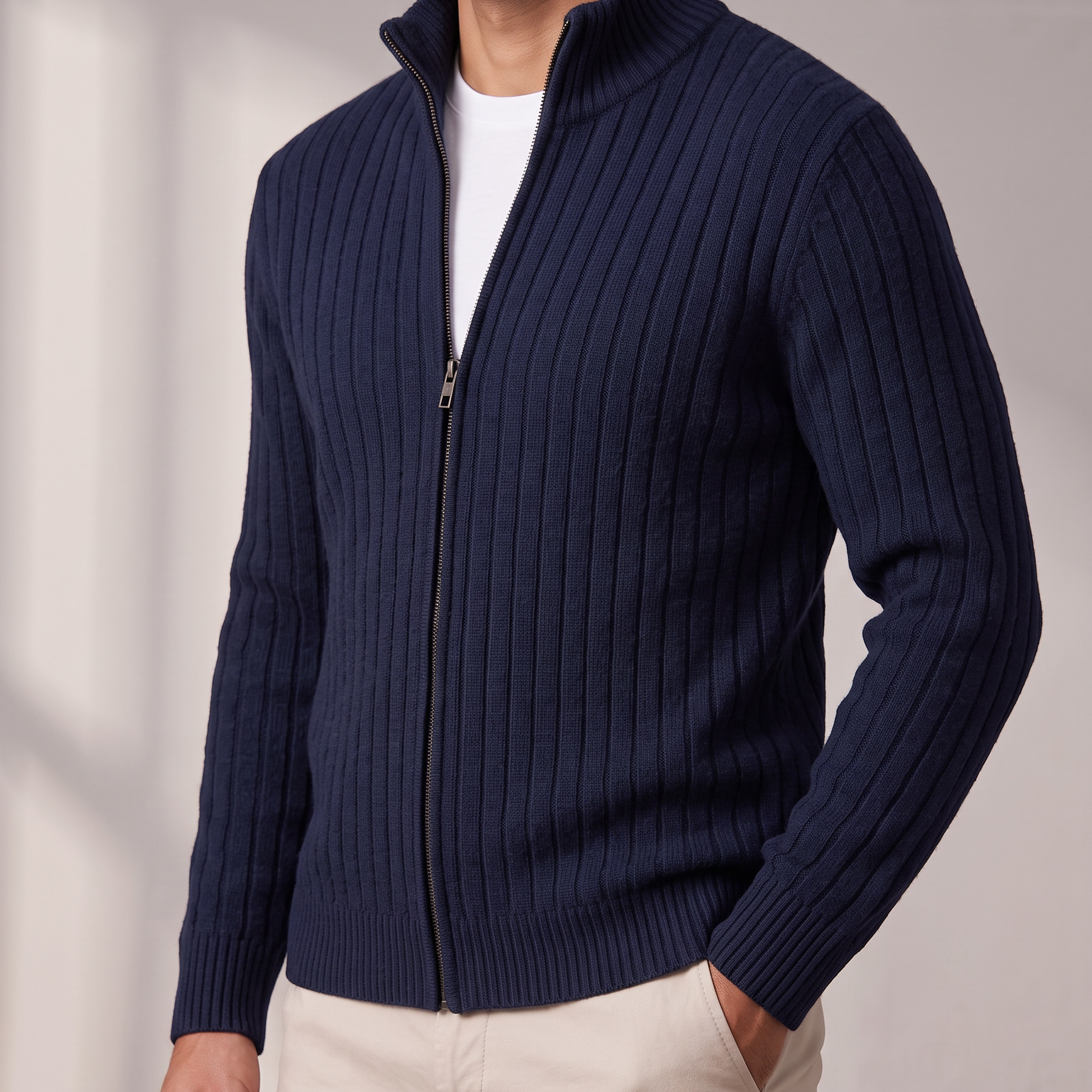 Men's Ribbed Knit Full-Zip Cardigan with Stand Collar