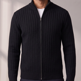 Men's Ribbed Knit Full-Zip Cardigan with Stand Collar