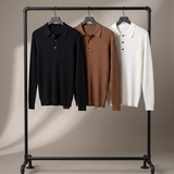 Men's Ribbed Knit Long Sleeve Polo Shirt with Button Placket