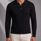 Men's Ribbed Knit Long Sleeve Polo Shirt with Button Placket