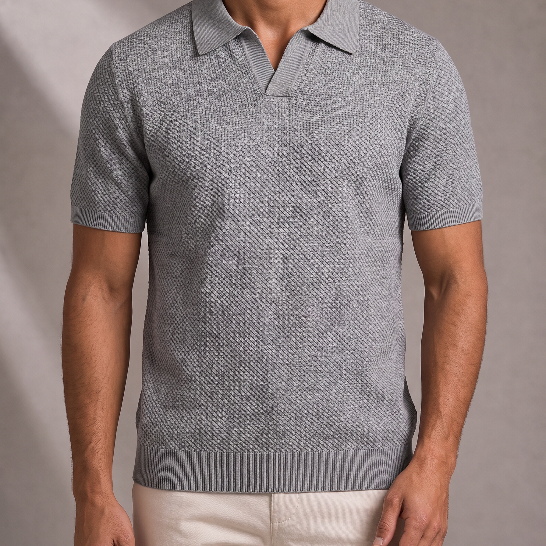 Men's Textured Knit Polo Shirt with Open Collar