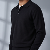 Men's Textured Knit Long Sleeve Polo with Mock Buttons