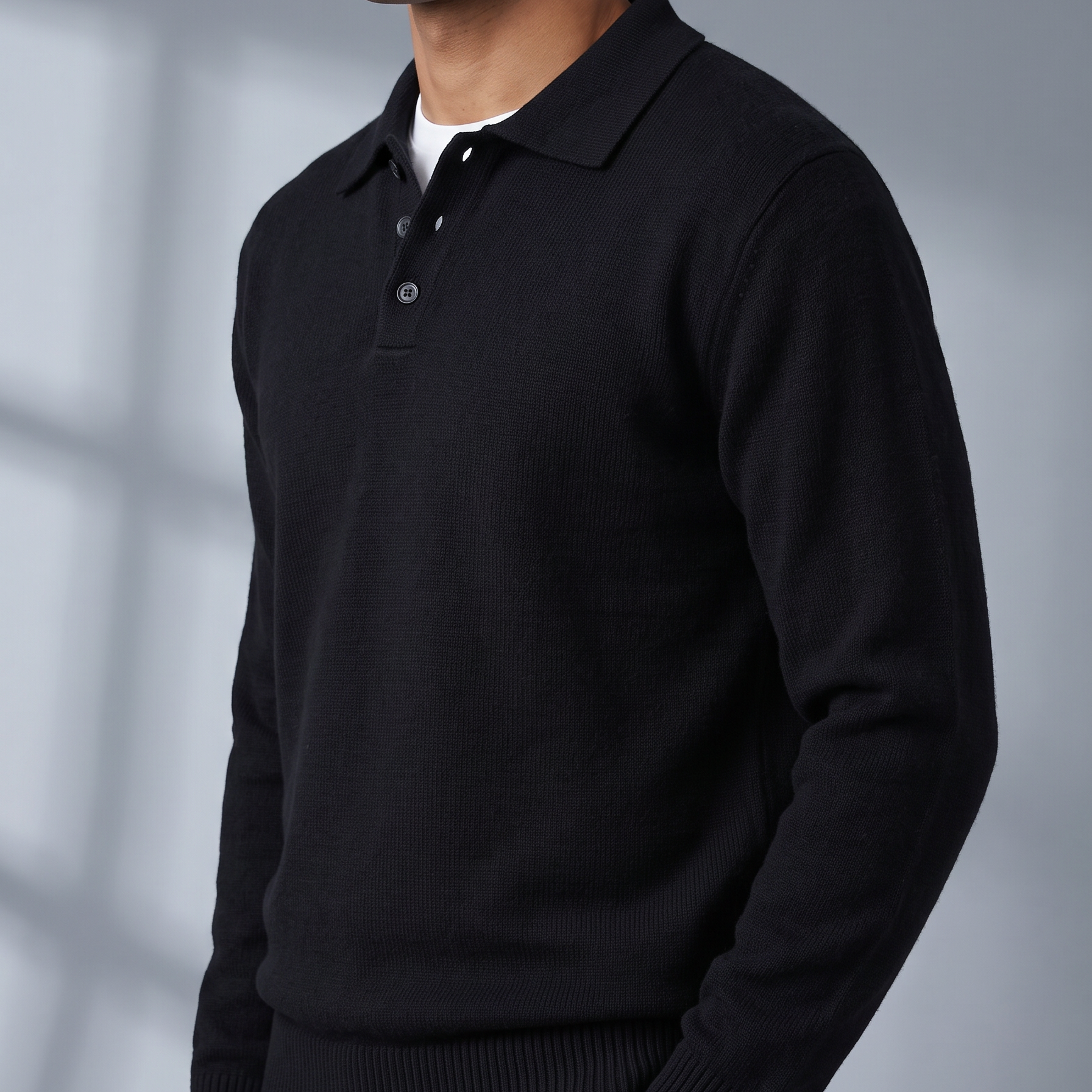 Men's Textured Knit Long Sleeve Polo with Mock Buttons