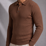 Men's Ribbed Knit Long Sleeve Polo Shirt with Button Placket