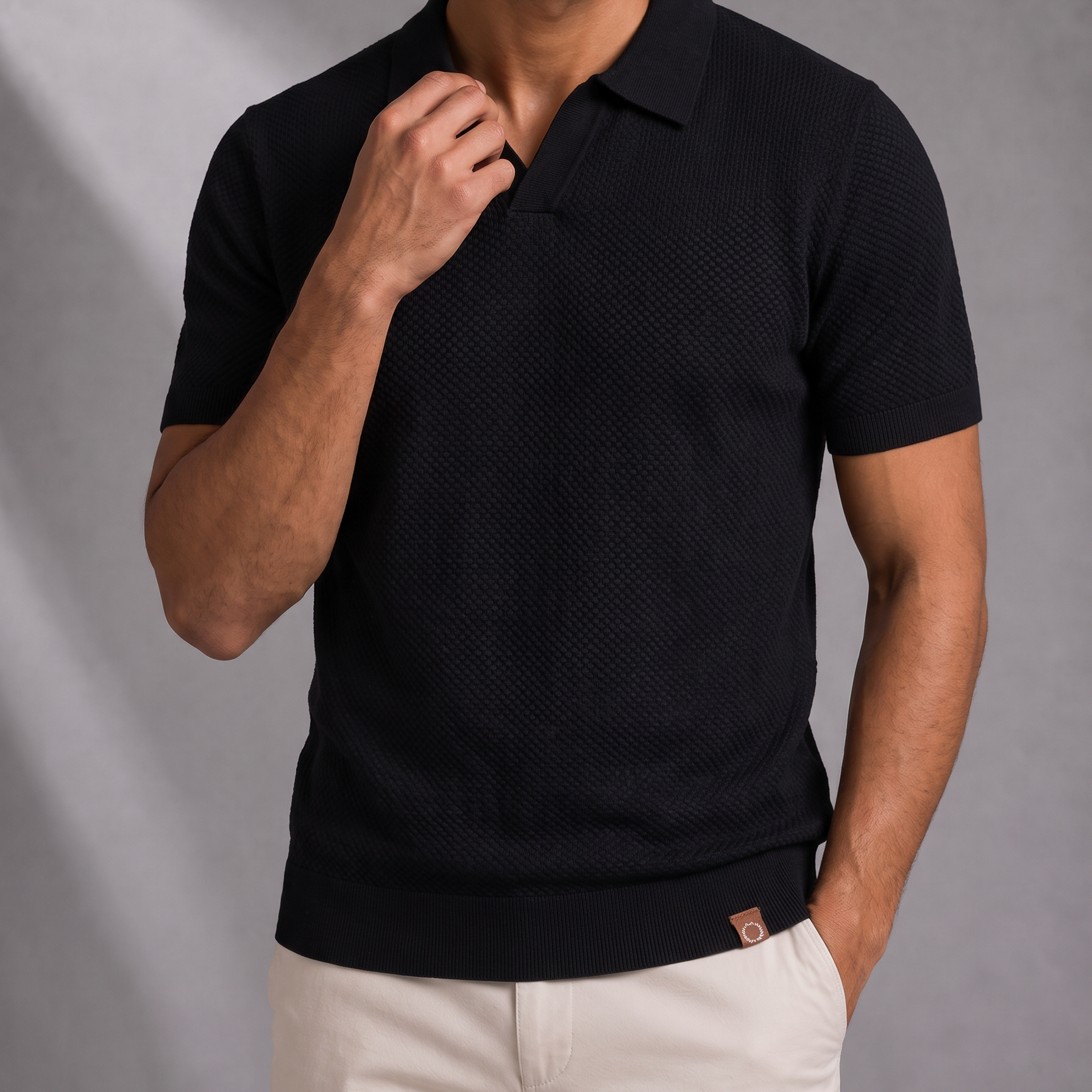 Men's Textured Knit Polo Shirt with Open Collar