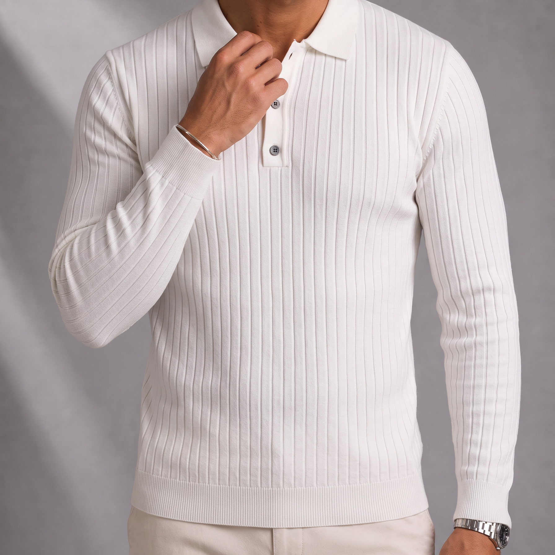 Men's Ribbed Knit Long Sleeve Polo Shirt with Button Placket