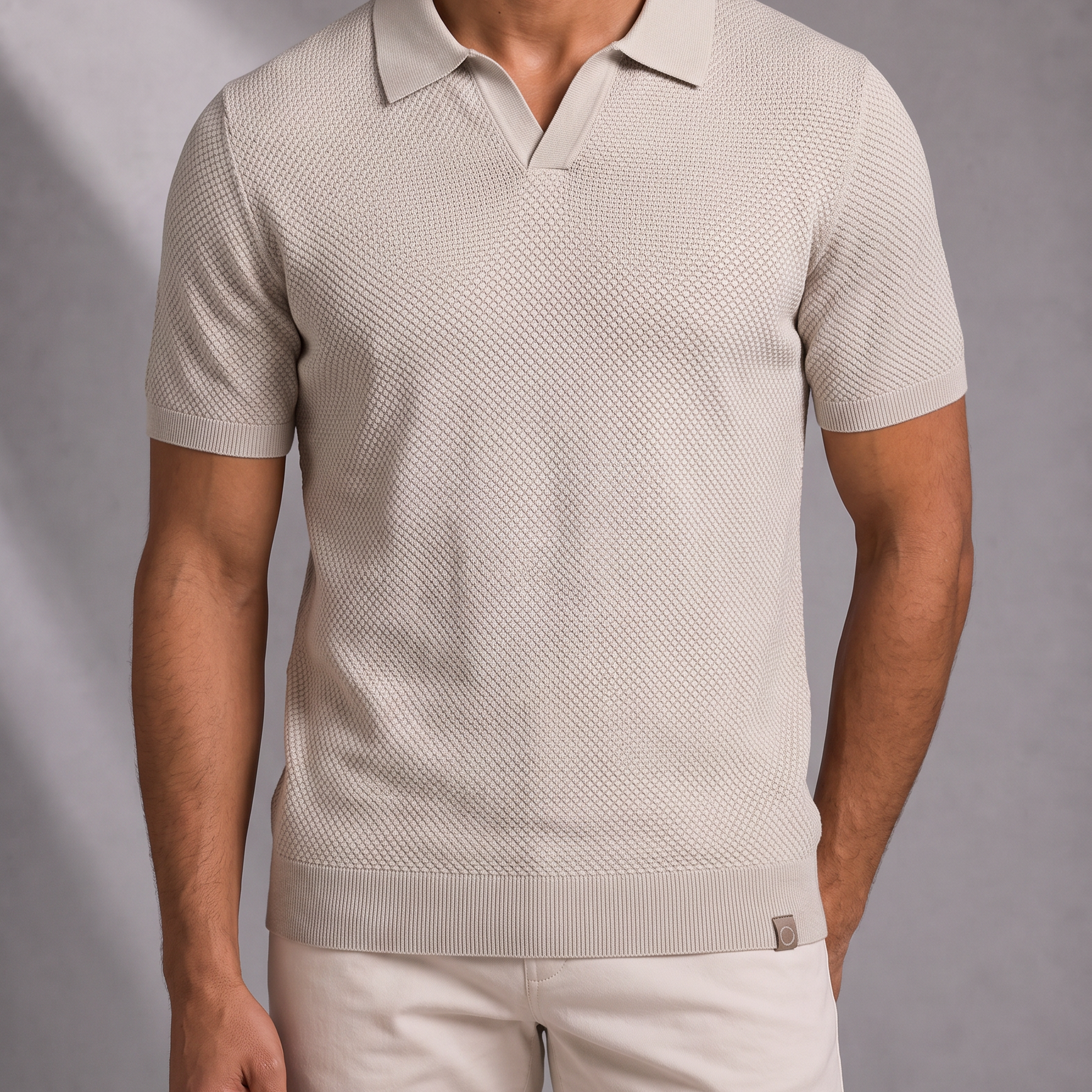 Men's Textured Knit Polo Shirt with Open Collar