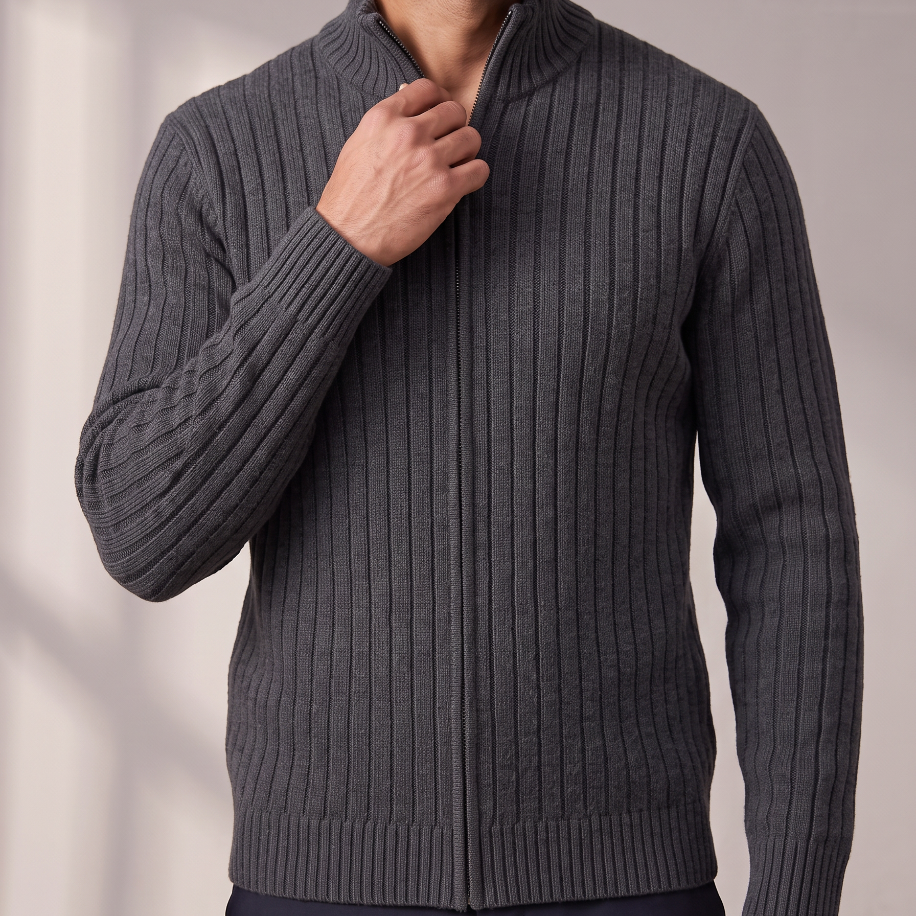 Men's Ribbed Knit Full-Zip Cardigan with Stand Collar