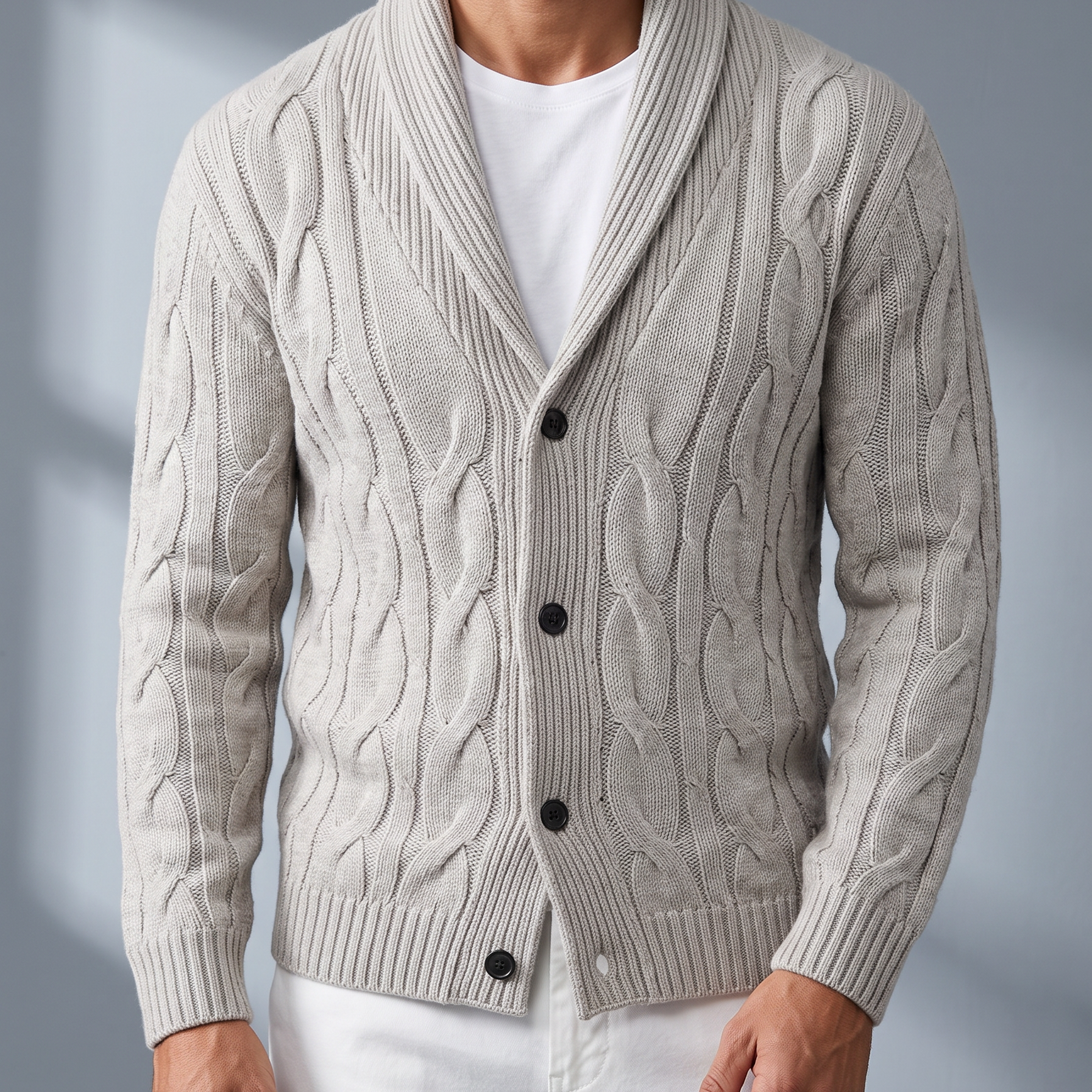 Men's Cable Knit Cardigan with Shawl Collar