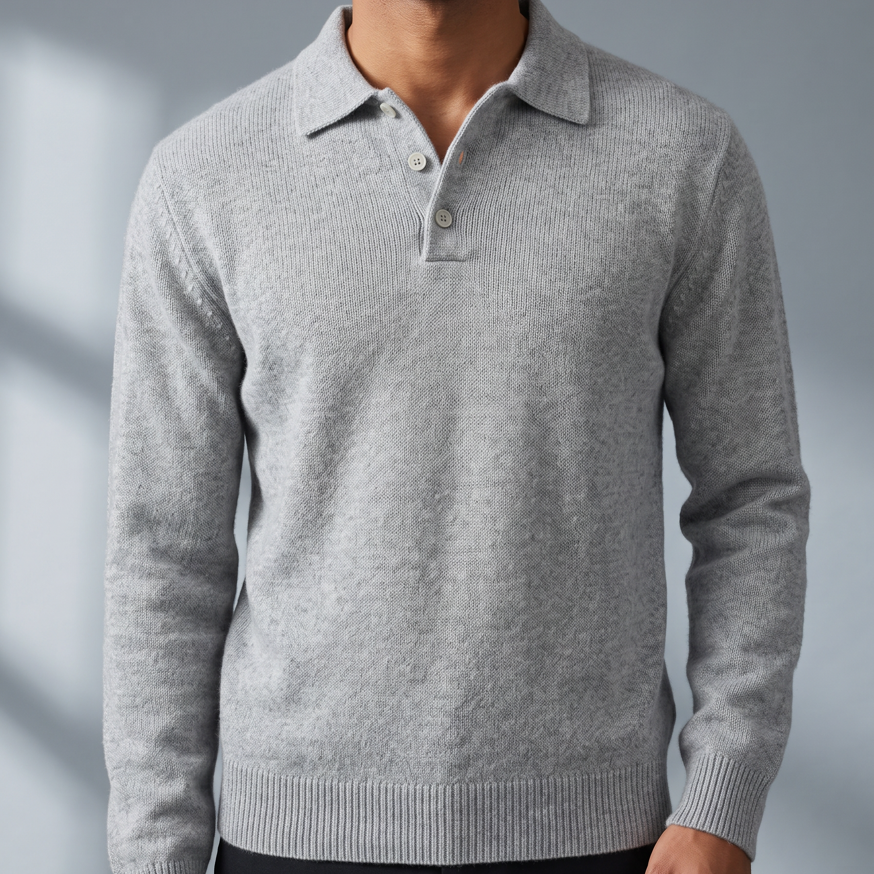 Men's Textured Knit Long Sleeve Polo with Mock Buttons