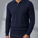 Men's Textured Knit Long Sleeve Polo with Mock Buttons