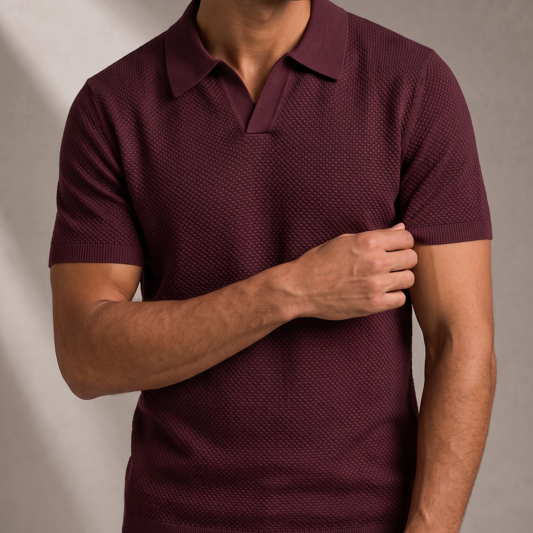 Men's Textured Knit Polo Shirt with Open Collar