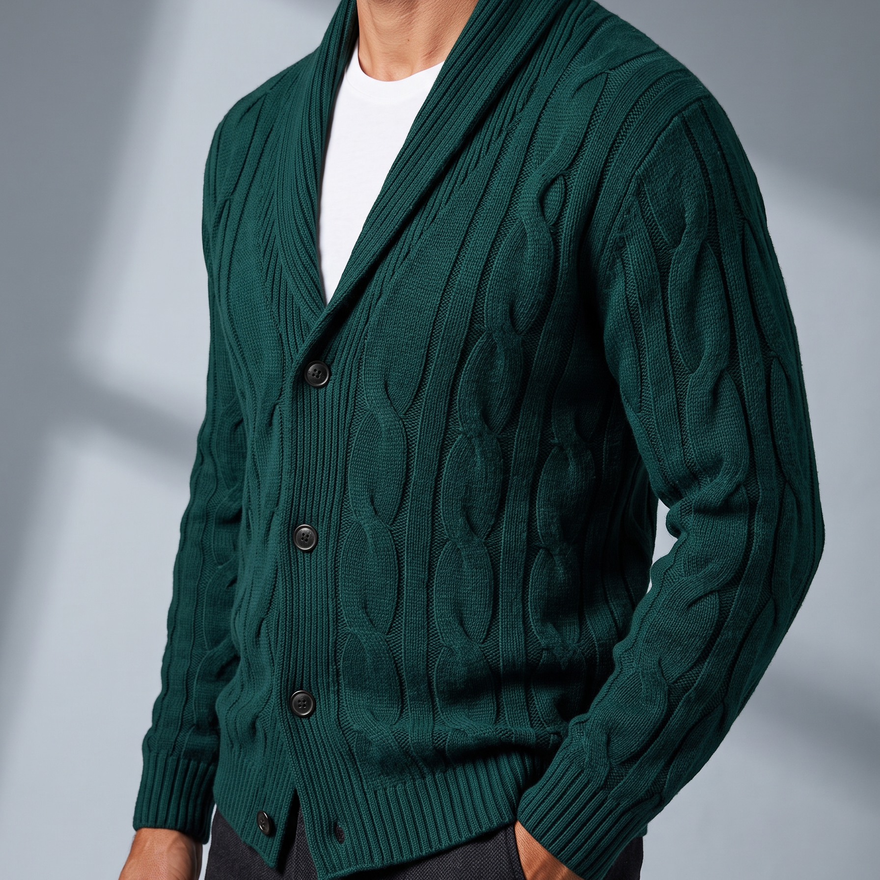 Men's Cable Knit Cardigan with Shawl Collar