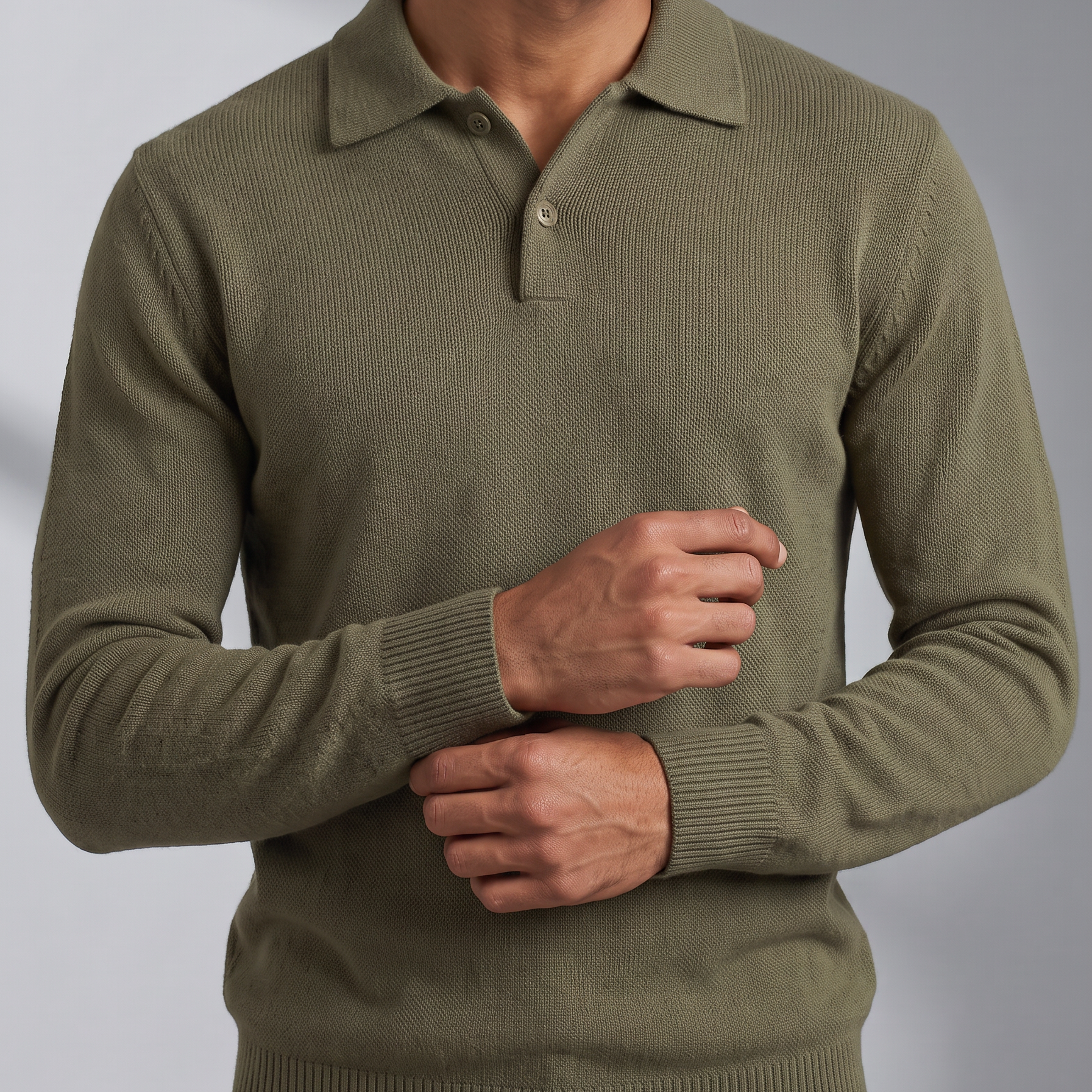 Men's Textured Knit Long Sleeve Polo with Mock Buttons