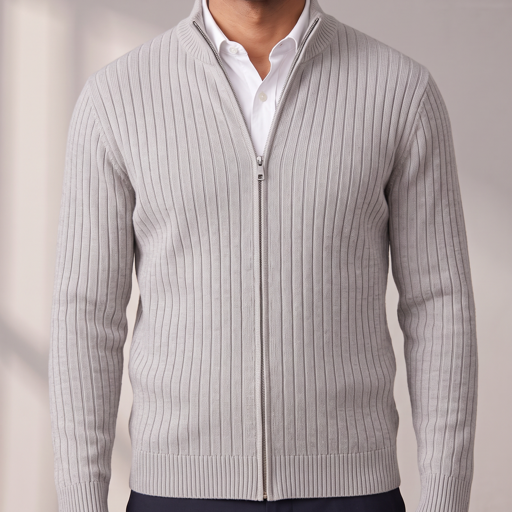 Men's Ribbed Knit Full-Zip Cardigan with Stand Collar