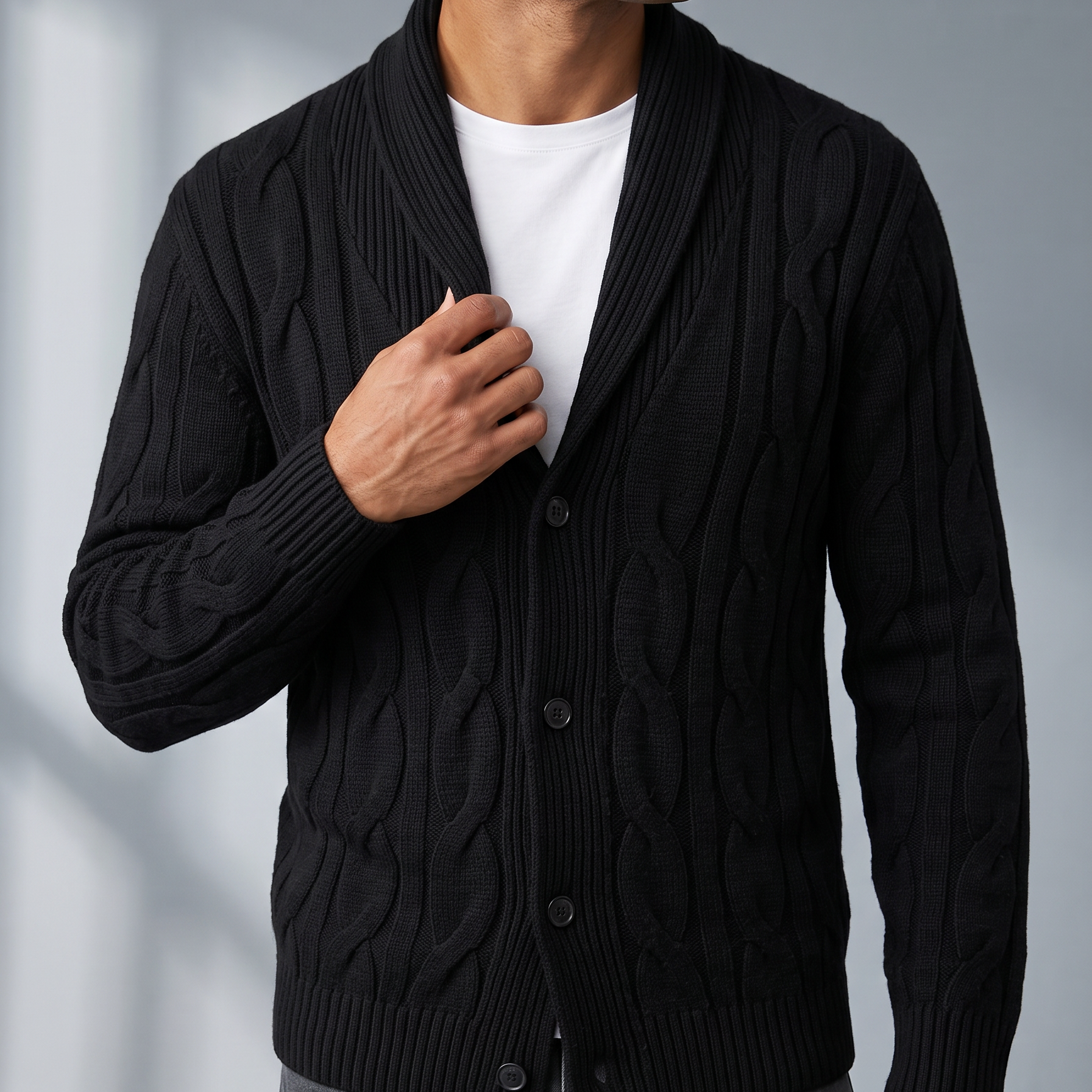 Men's Cable Knit Cardigan with Shawl Collar
