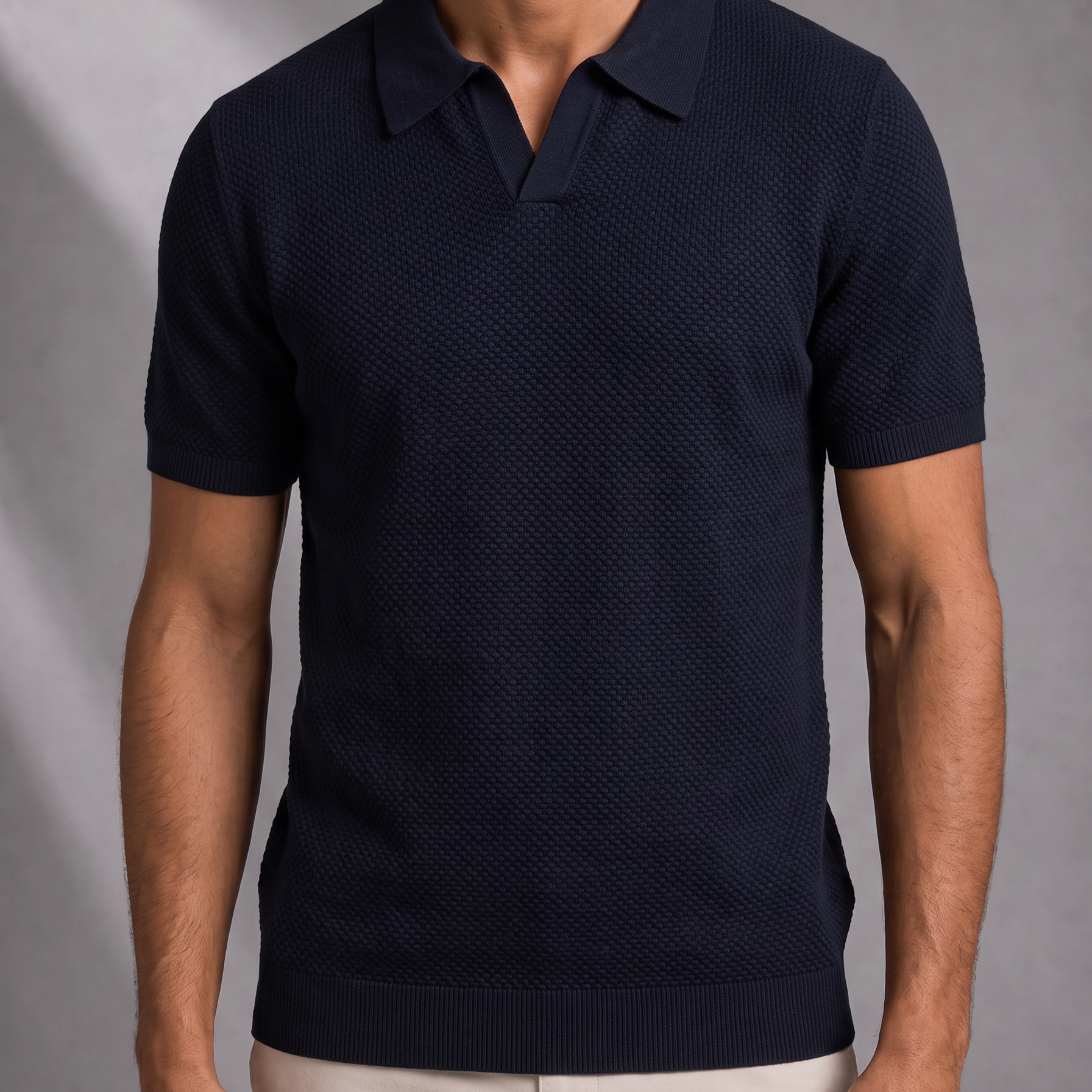 Men's Textured Knit Polo Shirt with Open Collar